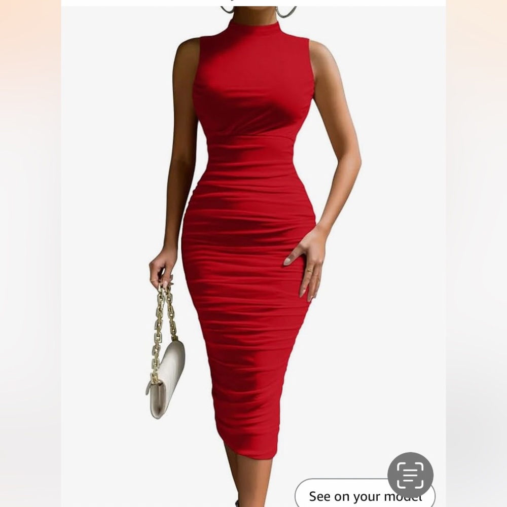 NWT DOSE red sleeveless ruched high neck mesh midi dress size M.
